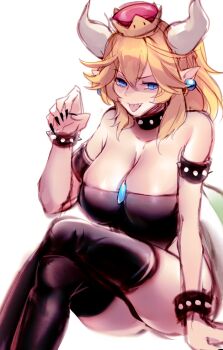 1girl armlet bare_shoulders black_dress black_legwear black_nails blonde_hair blue_eyes blue_gemstone borrowed_design bowsette bracelet breasts cleavage collar crossed_legs crown dress earrings female_focus fingernails from_side gem hair_between_eyes half-closed_eyes high_ponytail highres horns invisible_chair jewelry jingle23 large_breasts leotard long_fingernails mario_(series) nail_polish new_super_mario_bros._u_deluxe nintendo parted_bangs pointy_ears ponytail sharp_nails sharp_teeth simple_background sitting slit_pupils solo spiked_armlet spiked_bracelet spiked_collar spikes strapless strapless_dress super_crown teeth thighs tongue tongue_out turtle_shell upper_teeth_only v-shaped_eyebrows white_background