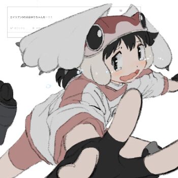 Rule 34 | 1girl, alien nine, bad id, bad twitter id, black eyes, black gloves, black hair, crying, crying with eyes open, falling, fingerless gloves, gloves, helmet, highres, inline skates, looking at viewer, odaibako, ootani yuri, open mouth, outstretched arms, pink shorts, request inset, roller skates, shirt, short sleeves, shorts, simple background, skates, solo, subro, tears, translation request, wavy mouth, white background, white shirt, winged helmet