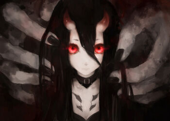 Rule 34 | 132 (bb32768), 1girl, abyssal ship, bad id, bad pixiv id, battleship princess, black hair, black nails, body markings, close-up, collar, colored skin, female focus, giant hand, glowing, glowing eyes, hair between eyes, horns, kantai collection, long hair, looking at viewer, red eyes, rigging, solo, upper body, white skin