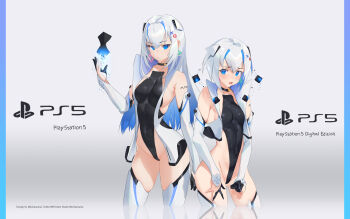 2girls armpit_crease bare_shoulders black_choker black_gloves black_leotard blue_eyes blue_hair breasts choker covered_navel earrings game_console gloves groin hair_between_eyes highleg highleg_leotard highres jewelry large_breasts leotard long_hair looking_at_viewer mhk_(mechamania) mole mole_on_breast multicolored_hair multiple_girls original partially_fingerless_gloves personification playstation_5 product_girl ps5_chan short_hair sideboob silver_hair simple_background small_breasts sony standing thighhighs thighs two-tone_hair vest