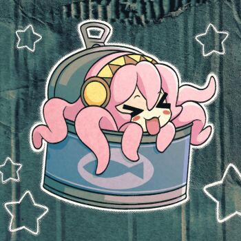 Rule 34 | > <, 1girl, :3, blush stickers, canned tuna, cardboard, cryptidhermit, hair between eyes, headphones, highres, long hair, megurine luka, no nose, open mouth, pink hair, solo, star (symbol), takoluka, tentacle hair, tin (container), vocaloid