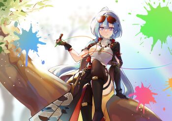 1girl absurdres asymmetrical_gloves black_gloves black_jacket black_pantyhose blue_hair blurry breasts chinese_commentary commentary_request crop_top depth_of_field eyewear_on_head gloves griseo griseo_(cosmic_expression) griseo_(gokudo_brushstrokes) hair_between_eyes highres holding holding_pen honkai_(series) honkai_impact_3rd jacket jewelry large_breasts long_hair necklace open_clothes open_jacket paint pantyhose pen purple_eyes raito_(280089691) sitting_on_branch torn_clothes torn_pantyhose