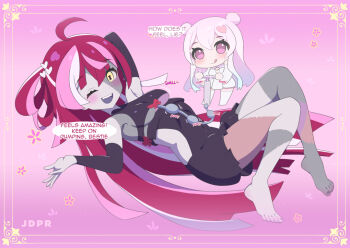 2girls ahoge airani_iofifteen arm_behind_head armpits artist_name bare_legs barefoot black_dress blush breast_expansion breasts chibi cleavage_cutout clothing_cutout dress english_text fangs fingerless_gloves gloves hair_ornament heart heart_hair_ornament hololive hololive_indonesia jdpr kureiji_ollie long_hair lying multicolored_hair multiple_girls odango_hair on_back one_eye_closed patchwork_skin pink_hair pump purple_eyes red_hair ribbon sleeveless sleeveless_dress small_breasts smile toenails toes tongue tongue_out very_long_hair virtual_youtuber white_dress white_hair wink yellow_eyes