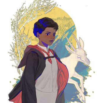 1girl black_robe dark-skinned_female dark_skin gazelle gryffindor hazel_(qieeeee5) highres hogwarts_legacy hogwarts_school_uniform hooded_robe natsai_onai necktie robe school_uniform short_hair solo striped_necktie wizarding_world