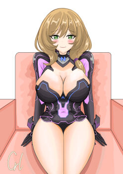 1girl black_leotard breasts brown_hair chair choujigen_game_neptune cleavage cleavage_cutout clothing_cutout collarbone cosplay crallylystia genshin_impact green_eyes highres indoors large_breasts leotard lisa_(genshin_impact) long_hair looking_at_viewer neptune_(series) purple_heart_(neptunia) purple_heart_(neptunia)_(cosplay) sitting smile solo voice_actor_connection