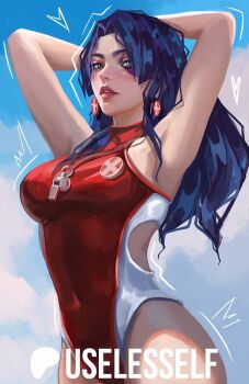 Rule 34 | 1girl, bare shoulders, black hair, breasts, earrings, jewelry, large breasts, lifeguard, long hair, looking at viewer, marvel, marvel rivals, psylocke, purple eyes, solo, swimsuit, tattoo, useless elf, x-men