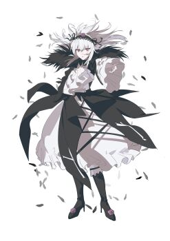 1girl absurdres black_dress black_hairband black_shoes dress feathers floating_hair flower full_body hairband hand_on_own_chest high_heels highres looking_at_viewer morgue_(southsakura) parted_lips purple_flower red_eyes rozen_maiden shoes simple_background solo standing suigintou white_background white_hair