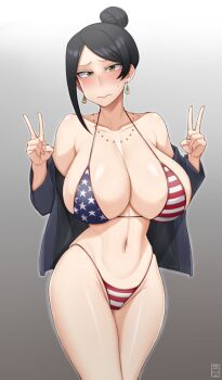 1girl american_flag american_flag_bikini american_flag_print asymmetrical_hair bare_shoulders bijin_onna_joushi_takizawa-san bikini black_hair blazer blush breasts brown_eyes collarbone contrapposto cowboy_shot double_v earrings embarrassed flag_print flag_print_bikini furrowed_brow gradient_background grey_background hair_bun handplug highres huge_breasts jacket jewelry large_breasts looking_at_viewer mature_female mole mole_under_mouth narrow_waist navel necklace open_clothes open_jacket print_bikini single_hair_bun skindentation solo sweatdrop swimsuit takizawa_kyouko v wavy_mouth
