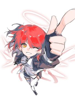 1girl arknights arm_up black_gloves black_jacket chinese_commentary commentary_request detached_wings exusiai_(arknights) exusiai_the_new_covenant_(arknights) fingerless_gloves foreshortening from_above full_body gloves halo highres index_finger_raised jacket long_sleeves looking_at_viewer medium_hair one_eye_closed one_side_up outstretched_arm pitaya_shua red_hair shirt smile solo thighhighs traditional_halo white_background white_shirt white_thighhighs wings yellow_eyes