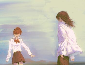 Rule 34 | 1boy, 1girl, aakaaka78910, aragaki shinjirou, black pants, black skirt, blue sky, bow, bowtie, brown hair, closed eyes, collared shirt, day, hair between eyes, hand in pocket, highres, long hair, long sleeves, open mouth, outdoors, pants, persona, persona 3, persona 3 portable, red bow, red bowtie, shiomi kotone, shirt, skirt, sky, standing, white shirt