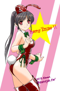 1girl animal_ear_hairband animal_ears black_hair bow bowtie breasts detached_collar fake_animal_ears green_bow green_bowtie hairband ikawa_kanoya leotard merry_christmas original playboy_bunny ponytail rabbit_ears rabbit_tail red_eyes red_leotard red_thighhighs side-tie_leotard small_breasts solo strapless strapless_leotard tail thighhighs wrist_cuffs