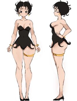 Rule 34 | 1girl, arms at sides, ass, bare arms, bare legs, bare shoulders, betty boop, betty boop (character), black dress, black eyes, black footwear, black hair, bottomless, breasts, closed mouth, collarbone, commentary, dot mouth, dot nose, dress, earrings, english commentary, forehead, full body, hands on own hips, high heels, highres, hoop earrings, jewelry, looking at viewer, medium breasts, pear-shaped figure, rakeemspoon, revealing clothes, short dress, short hair, sideboob, simple background, solo, standing, strapless, strapless dress, thigh strap, thighs