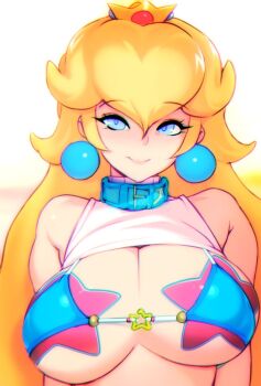 alternate_costume bikini blonde_hair blue_eyes breasts cleavage clothes_lift crown doxy earrings gem jewelry large_breasts long_hair mario_(series) nintendo pasties princess_peach shirt_lift simple_background solo star_(symbol) star_pasties swimsuit white_background