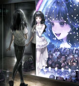 1girl absurdres audience bag black_eyes black_hair black_pants bottle cellphone collarbone commentary dance_studio different_reflection dress elbow_gloves frilled_dress frills full-length_mirror gloves hand_up headset highres holding holding_phone ikuta41 imagining indoors long_hair looking_at_mirror mirror open_mouth original pants phone plastic_bottle reflection screen screen_zoom shirt solo stage standing t-shirt tight_clothes tight_pants water_bottle white_dress white_gloves white_shirt wooden_floor