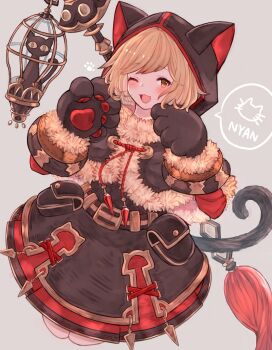 1girl ;d animal_ear_hood animal_ears animal_hands animal_hood blonde_hair brown_eyes cat cat_ears cat_hood cat_paws cat_tail djeeta_(granblue_fantasy) fake_animal_ears gloves granblue_fantasy grey_background highres hood hood_up looking_at_viewer nekomancer_(granblue_fantasy) nyan one_eye_closed open_mouth paw_gloves pouch rice_tea simple_background smile solo tail