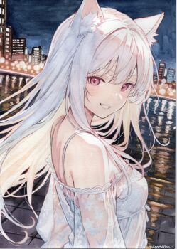 1girl absurdres animal_ear_fluff animal_ears artist_name bare_shoulders bra_strap breasts building cat_ears city_lights commentary_request from_side grin highres long_hair looking_at_viewer mannmaruu medium_breasts night original outdoors painting_(medium) pink_eyes reflection reflective_liquid shirt smile traditional_media upper_body water watercolor_(medium) white_hair white_shirt