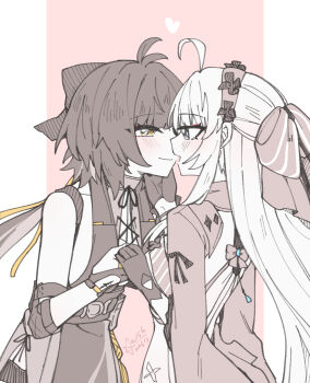 Rule 34 | 2girls, ahoge, bare shoulders, blush, bow, breasts, carlotta (wuthering waves), closed mouth, commentary request, dated, dress, elbow pads, eye contact, face-to-face, female rover (wuthering waves), greyscale, hair bow, hairband, hand on another's face, heart, highres, holding hands, imminent kiss, jacket, long hair, looking at another, medium breasts, monochrome, multiple girls, open mouth, rover (wuthering waves), sidelocks, signature, sleeveless, sleeveless dress, smile, spot color, starblame, striped bow, tacet mark (wuthering waves), wuthering waves, yellow eyes, yuri