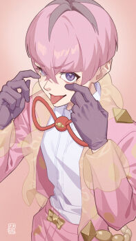 Rule 34 | 1boy, coat, commentary request, crossed bangs, eyelid pull, gloves, hands up, highres, long sleeves, male focus, nintendo, open clothes, open coat, orange background, ortega (pokemon), pants, pink coat, pink hair, pink pants, pokemon, pokemon sv, shirt, short hair, solo, team star, tokiba nagamu, tongue, tongue out, white shirt