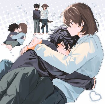 Rule 34 | 2boys, absurdres, akechi gorou, amamiya ren, animal ears, barefoot, black hair, black shirt, blush, brown hair, casual, chibi, closed mouth, crossed arms, curly hair, fsmaichobpeg0, green pants, hashtag-only commentary, heart, highres, hug, licking, male focus, multiple boys, multiple views, pants, persona, persona 5, profile, red eyes, shirt, short hair, smile, sparkle, standing, white shirt, yaoi