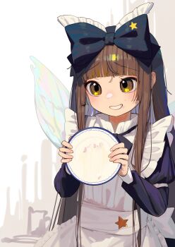 1girl absurdres apron black_bow black_hair black_shirt blue_bow blue_dress blue_headdress blush bow brown_eyes brown_hair dress drill_hair fairy fairy_wings hair_bow hat headdress highres housulu large_bow long_hair long_sleeves maid maid_apron open_mouth plate ribbon shirt simple_background skirt solo star_(symbol) star_sapphire touhou white_apron white_background white_bow wings