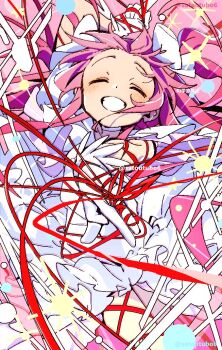 closed_eyes copyright_notice dress hashtag-only_commentary kaname_madoka kaname_madoka_(magical_girl) magical_girl mahou_shoujo_madoka_magica mahou_shoujo_madoka_magica_(anime) multiple_hair_ribbons pink_hair ribbon satou_asuka smile star_(symbol) teeth white_dress