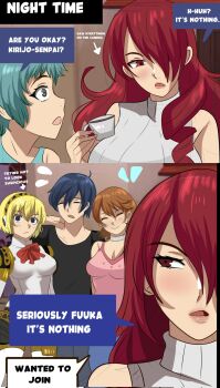 1boy 4girls blonde_hair blue_hair blush brown_hair cyborg english_text harem highres jealous karbuitt kirijou_mitsuru long_hair looking_at_another love_triangle multiple_girls persona persona_3 persona_3_reload red_eyes red_hair takeba_yukari yamagishi_fuuka yuuki_makoto_(persona_3)