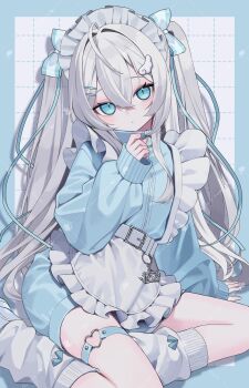 1girl absurdres angel_wings_hair_ornament apron blue_border blue_bow blue_eyes blue_jacket border bow closed_mouth frilled_apron frills grey_hair hair_between_eyes hair_bow hair_ornament hairclip highres jacket jersey_maid leg_warmers long_hair long_sleeves looking_at_viewer maid maid_headdress original sitting sleeves_past_wrists solo squallea tenshi_kaiwai thigh_strap two_side_up unconventional_maid white_apron white_leg_warmers yokozuwari