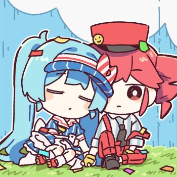 apron blue_hair dress drill_hair gloves hat hatsune_miku highres holding_hands kasane_teto kepi mesmerizer_(vocaloid) military_hat red_eyes red_hair shirt sleeping smiley_hat_ornament striped_clothes striped_dress striped_shirt twin_drills twintails visor_cap xseomin2 yellow_gloves
