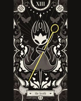 1other absurdres artist_name black_skin bug butterfly card_(medium) colored_skin commentary death_(tarot) dress english_commentary english_text full_body highres holding holding_polearm holding_weapon hollow_eyes hollow_knight hollow_knight:_silksong insect laserlazuli mask phantom_(hollow_knight) pillarboxed pin_(hollow_knight) polearm silk solo spider_web spot_color tarot tarot_(medium) weapon
