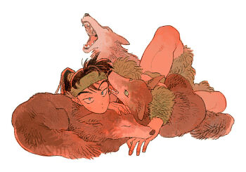1boy animal blue_eyes blush brown_fur brown_hair canvas_texture chloe_k13 cuddling full_body fur_cuffs fur_leg_warmers fur_skirt fur_wrist_cuffs inuyasha kouga_(inuyasha) leg_warmers long_hair looking_at_viewer looking_up lying lying_on_animal male_focus on_side pointy_ears ponytail simple_background sleeping solo_focus thick_eyebrows tsurime v-shaped_eyebrows white_background wolf wrist_cuffs yawning