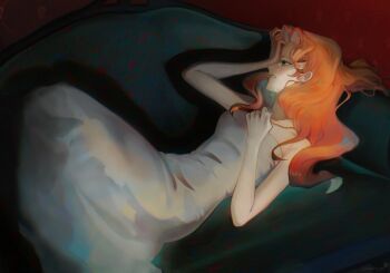 Rule 34 | 1girl, arisugawa juri, cloversforjuri, commentary, couch, crying, dress, english commentary, green eyes, highres, jewelry, long dress, long hair, lying, necklace, on back, on couch, orange hair, shoujo kakumei utena, solo, strapless, strapless dress, white dress
