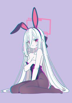 Rule 34 | 1girl, animal ears, black leotard, blue archive, breasts, brown pantyhose, cleavage, closed mouth, commentary request, covering privates, fake animal ears, glitch, hair between eyes, halo, highres, kei (blue archive), kei (new body) (blue archive), leotard, long hair, looking at viewer, otomii, pantyhose, playboy bunny, purple background, rabbit ears, red eyes, sidelocks, simple background, sitting, small breasts, solo, strapless, strapless leotard, v-shaped eyebrows, very long hair, white hair