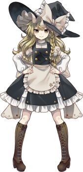 1girl absurdres apron back_bow black_hat black_skirt black_vest blonde_hair boots bow braid broom brown_boots brown_bow closed_mouth frilled_skirt frills full_body game_cg hair_bow hands_on_own_hips hat hat_bow highres kirisame_marisa knee_boots lace-up_boots long_hair long_sleeves looking_at_viewer marisa_of_liartop_mountain non-web_source official_art print_apron second-party_source side_braid single_braid skirt smile socha solo star_(symbol) star_print touhou transparent_background very_long_hair vest waist_apron white_apron white_bow witch_hat yellow_eyes