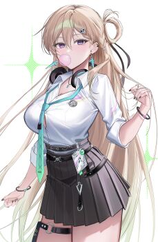 1girl absurdres aqua_necktie black_nails black_skirt blonde_hair blowing_bubble_gum braid braided_bangs breasts button_gap chewing_gum collared_shirt commentary cowboy_shot earrings fingernails hair_between_eyes hair_ornament headphones headphones_around_neck highres id_card idasu_(hyun9164) jewelry long_hair looking_at_viewer loose_necktie lynae_(wuthering_waves) medium_breasts nail_polish necklace necktie purple_eyes shirt shirt_tucked_in skirt skull_hair_ornament solo star_(symbol) star_earrings very_long_hair white_background white_shirt wuthering_waves
