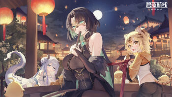 3girls animal_ears animal_print azur_lane bare_shoulders black_bridal_gauntlets black_dress black_hair black_shorts blonde_hair blue_eyes blue_hair blush breasts bridal_gauntlets brown_hair china_dress chinese_clothes closed_mouth colored_inner_hair commentary_request domino_mask douya_(yaomiaomiao) dragon_girl dragon_horns dragon_tail dress eating eye_mask fang food food_on_face full_moon green_eyes green_hair halterneck hand_fan highres holding holding_fan hood horns hu_pen_(azur_lane) huan_ch&#039;ang_(azur_lane) lantern large_breasts light_smile long_hair looking_at_viewer lung_wu_(azur_lane) manjuu_(azur_lane) mask mid-autumn_festival moon mooncake multicolored_hair multiple_girls night night_sky official_art open_mouth outdoors paper_lantern shorts sky sky_lantern sparkling_eyes streaked_hair tail tiger_ears tiger_girl tiger_print tiger_tail very_long_hair white_dress wide_sleeves yellow_eyes