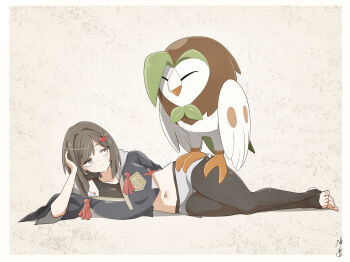 Rule 34 | 1girl, apple hair ornament, border, brown hair, closed eyes, closed mouth, commentary request, cropped hoodie, dartrix, eyelashes, food-themed hair ornament, full body, gen 7 pokemon, glassy0302, grey eyes, grey hoodie, hair intakes, hair ornament, head rest, highres, hood, hood down, hoodie, kuraishi ringo (glassy0302), long sleeves, lying, medium hair, midriff, navel, nintendo, on side, original, pokemon, pokemon (creature), pokemon legends: arceus, shorts, signature, simple background, single off shoulder, tassel, toeless legwear, toenails, toes, white background, white border, white shorts