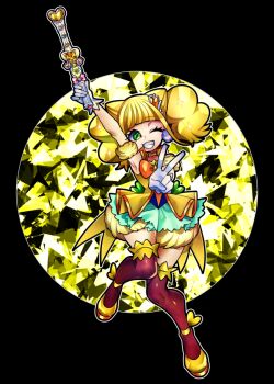 Rule 34 | 1girl, black background, blonde hair, bow, bowtie, choker, commentary, commentary request, cure sparkle, english commentary, gloves, green eyes, grin, healin' good precure, healing wand, heart, hiramitsu hinata, holding, holding wand, magical girl, mixed-language commentary, nyatoran (precure), one eye closed, orange bow, orange bowtie, pink bow, precure, senmu (0107), simple background, smile, solo, thighhighs, twintails, v, wand, white gloves, yellow choker