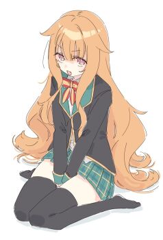 Rule 34 | 1girl, :d, amatsuka mao, aqua skirt, between legs, black jacket, black thighhighs, blazer, bow, bowtie, commentary, fang, gj-bu, hand between legs, highres, jacket, long hair, looking at viewer, nekoume, no shoes, open mouth, orange hair, plaid clothes, plaid skirt, red bow, red bowtie, red eyes, simple background, sitting, skirt, smile, solo, striped bow, striped bowtie, striped clothes, thighhighs, very long hair, wariza, wavy hair, white background, zettai ryouiki
