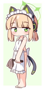 1girl absurdres animal_ear_headphones animal_ears apron barefoot blonde_hair blue_archive blush border cat_ear_headphones cat_ears closed_mouth commentary_request duster fake_animal_ears full_body green_background green_eyes green_halo halo hana_kazari headphones highres holding holding_duster looking_at_viewer maid_headdress mechanical_tail midori_(blue_archive) naked_apron outline outside_border short_hair simple_background solo standing tail white_apron white_border white_outline