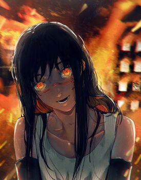 1girl absurdres big_chunger black_gloves black_hair building burning burning_building chainsaw_man elbow_gloves facial_scar fire gloves highres long_hair looking_at_viewer lower_teeth_only night open_mouth orange_eyes outdoors ringed_eyes scar scar_on_cheek scar_on_face scar_on_nose solo tank_top teeth white_tank_top yoru_(chainsaw_man)