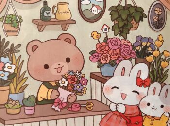 Rule 34 | :3, :d, ^ ^, animal, animal focus, ayu (mog), bag, bear, bottle, bouquet, bow, cactus, closed eyes, closed mouth, commentary request, dress, flower, highres, holding, holding bouquet, long sleeves, no humans, open mouth, original, pink flower, pink rose, plant, potted plant, rabbit, red bow, red dress, rose, scissors, shelf, shirt, smile, solid circle eyes, tape, tulip, yellow flower, yellow shirt, yellow tulip