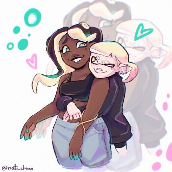 Rule 34 | 2girls, :>, alternate costume, aqua nails, black hair, black shirt, blue pants, blunt bangs, blush, breasts, closed mouth, commentary, cropped legs, dark-skinned female, dark skin, ear piercing, english commentary, eyelashes, fingernails, green eyes, heart, highres, hug, hug from behind, inkling, instagram username, lips, long hair, long sleeves, marina (splatoon), midriff, mole, mole under mouth, multiple girls, nati chuan, nintendo, octoling, pants, pearl (splatoon), piercing, pointy ears, procreate (medium), shirt, short hair, simple background, smile, splatoon (series), tentacle hair, white background, white hair, yellow eyes, yuri, zoom layer