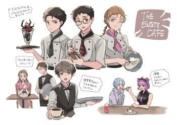 4girls ^_^ a_nightmare_on_elm_street absurdres black_bow black_bowtie black_vest blue_hair bow bowtie breasts brown_hair brown_hairband closed_eyes commentary cup dead_by_daylight dress dwight_fairfield feng_min grey_eyes hair_behind_ear hairband highres holding holding_cup holding_tray jacket jake_park lee_yun-jin medium_breasts meg_thomas multiple_girls nancy_wheeler one_eye_closed own_hands_together pink_dress pink_hair quentin_smith stack_(sack_b7) steve_harrington stranger_things teacup translation_request tray two_side_up vest white_background white_jacket