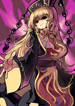 Rule 34 | 1girl, absurdres, bilingual commentary, black dress, black eyes, black hat, blonde hair, breasts, chinese clothes, commentary, cowboy shot, crescent, crescent print, dalachi (headdress), dark background, dot nose, dress, energy, hair between eyes, hat, highres, junko (touhou), large breasts, long hair, long sleeves, looking at viewer, mixed-language commentary, outstretched hand, parted lips, phoenix print, pom pom (clothes), red sash, red tabard, ribbon, sash, simple background, smile, solo, tabard, touhou, user jnhm8724, very long hair, wide sleeves, yellow ribbon, yellow trim