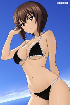 1girl absurdres arm_behind_back artist_name beach bikini black_bikini blue_sky breasts brown_eyes brown_hair clear_sky closed_mouth cloud commentary cowboy_shot dutch_angle english_commentary feet_out_of_frame frown girls_und_panzer halterneck hand_in_own_hair highres horizon large_breasts looking_to_the_side lucasddst mixed-language_commentary navel nishizumi_maho ocean outdoors short_hair sky solo standing stomach string_bikini swimsuit