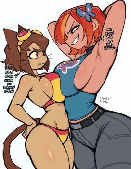 2girls alternate_costume animal_ears armpits arms_behind_head arms_up ass bikini breast_envy breasts breasts_squeezed_together butterfly_(planetronika) butterfly_hair_ornament cat_ears cat_girl cat_tail clash_of_breasts_(meme) cleavage cleavage_cutout clothing_cutout crossover curvy dutch_angle english_text eye_contact face-to-face female_focus gameoverse grin hair_ornament hands_on_own_hips highres huge_ass kit_bodega looking_at_another maddiedobles medium_breasts midriff multiple_girls navel official_alternate_costume orange_hair planetronika sharp_teeth short_hair smile swimsuit tail teeth thong thong_bikini whiskers white_background wide_hips yellow_bikini