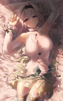 1girl absurdres arm_up bare_shoulders bed_sheet black_hairband blush breasts closed_mouth commentary cryne detached_sleeves firefly_(honkai:_star_rail) from_above green_skirt grey_hair hairband hand_up highres honkai:_star_rail honkai_(series) large_breasts long_hair long_sleeves looking_at_viewer lying no_jacket on_back on_bed pillow purple_eyes shirt skirt smile solo thighs twitter_username white_shirt