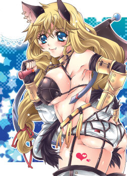 1girl animal_ears ass axe between_legs bikini black_bikini black_gloves blonde_hair blue_eyes blush breasts cat_ears cat_girl cat_tail choko_(kandatake) closed_mouth commentary commentary_request cowboy_shot earrings english_commentary fang fang_out fingerless_gloves fingernails gloves holding holding_axe jewelry large_breasts long_hair looking_at_viewer looking_to_the_side mechanic_(ragnarok_online) ragnarok_online red_nails shorts smile solo swimsuit tail tail_between_legs very_long_hair white_shorts