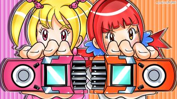 Rule 34 | 2girls, blonde hair, digimon, digimon xros wars, digimon xros wars: toki wo kakeru shounen hunter-tachi, digivice, hair ornament, hairclip, highres, hinomoto akari, long hair, looking at viewer, multiple girls, natsudonitas, orange eyes, pink eyes, red hair, suzaki airu, twintails