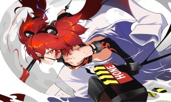 1girl ahoge animal_ears bare_shoulders bear_ears black_gloves breasts commentary crop_top eyepatch fake_animal_ears fingerless_gloves gloves hair_between_eyes hair_ornament highres holding koleda_belobog long_hair looking_at_viewer midriff monohimawari navel pants red_eyes red_hair solo sphere_hair_ornament twintails zenless_zone_zero